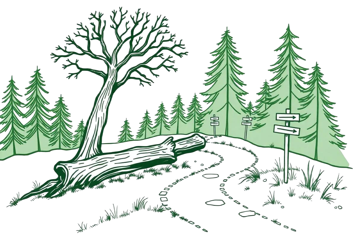 Sketch of a trail blocked by a fallen tree and splitting into uncertain directions